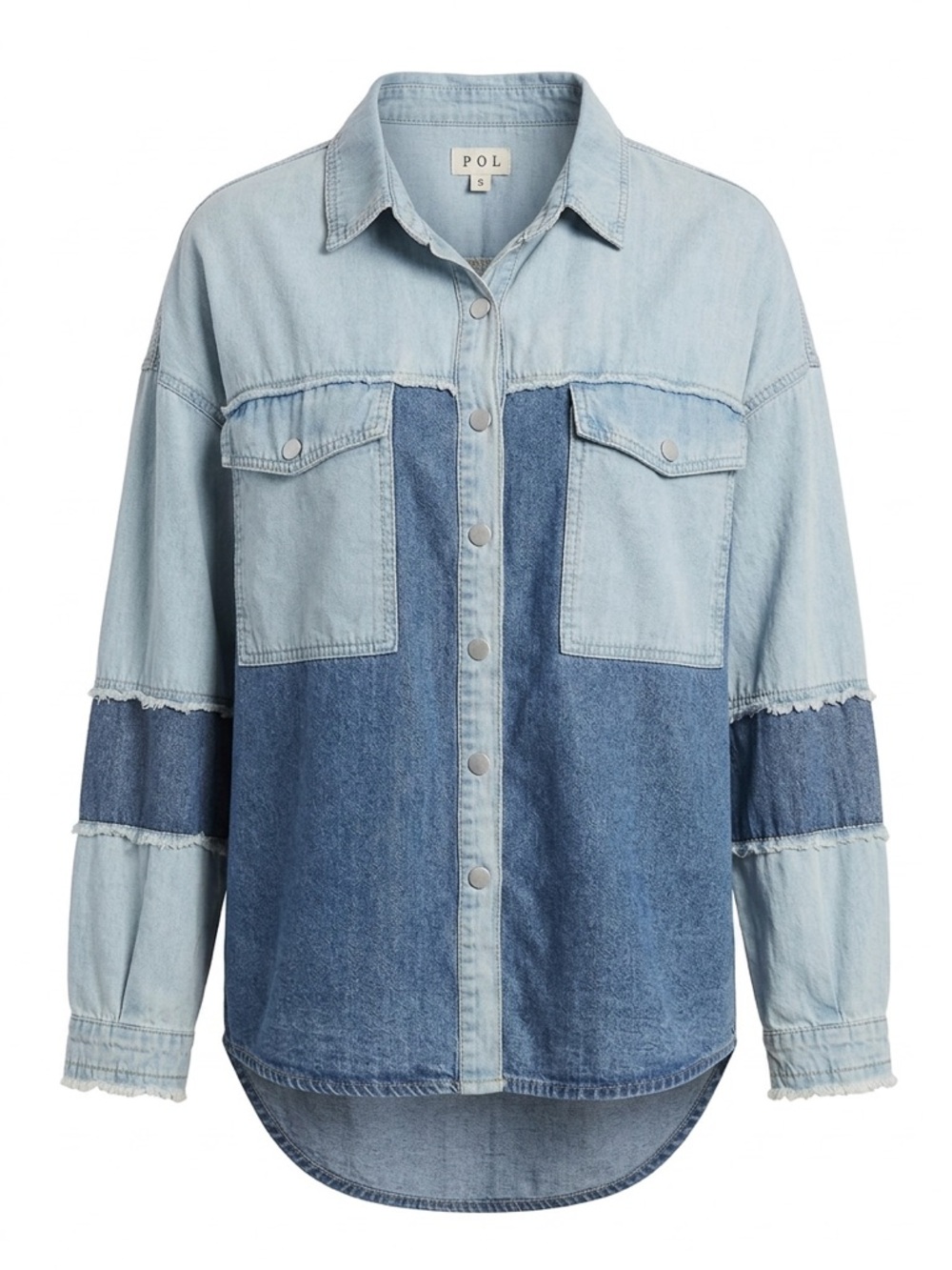 New POL Two-Tone Denim Shirt Jacket in Light Blue & Medium Blue